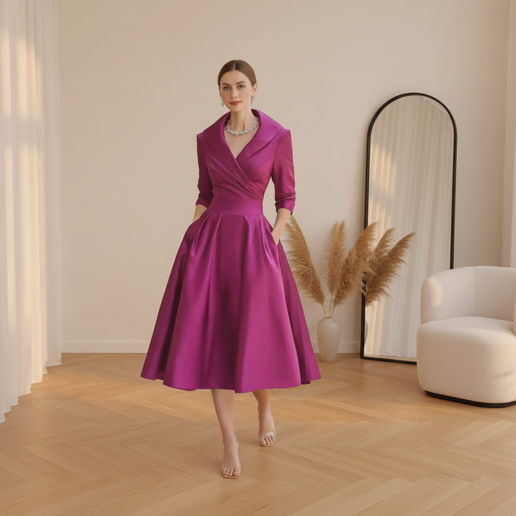 Vintage Satijnen Midi Jurk met Gedrapeerde Kraag — Fuchsia