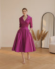 Vintage Satijnen Midi Jurk met Gedrapeerde Kraag — Fuchsia