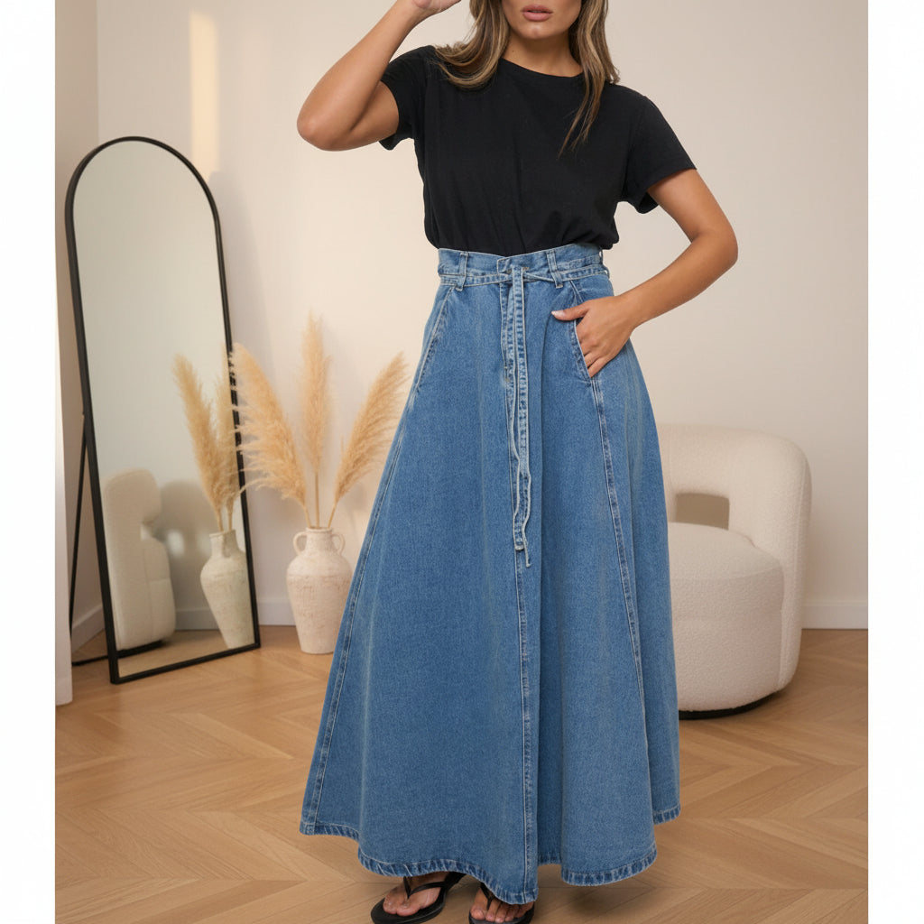 Hoge Taille Denim Rok met Riem — Grijsblauw