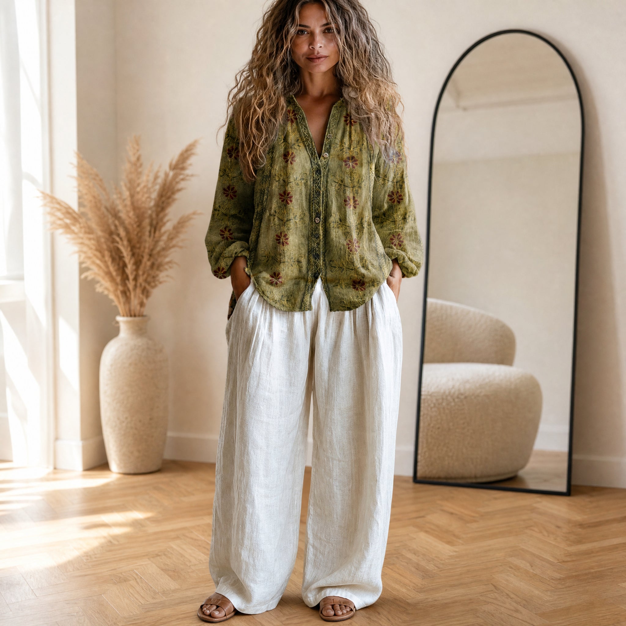 Vintage Blad Blouse - Tijdloze Elegantie met Klassiek Bladmotief — Groen