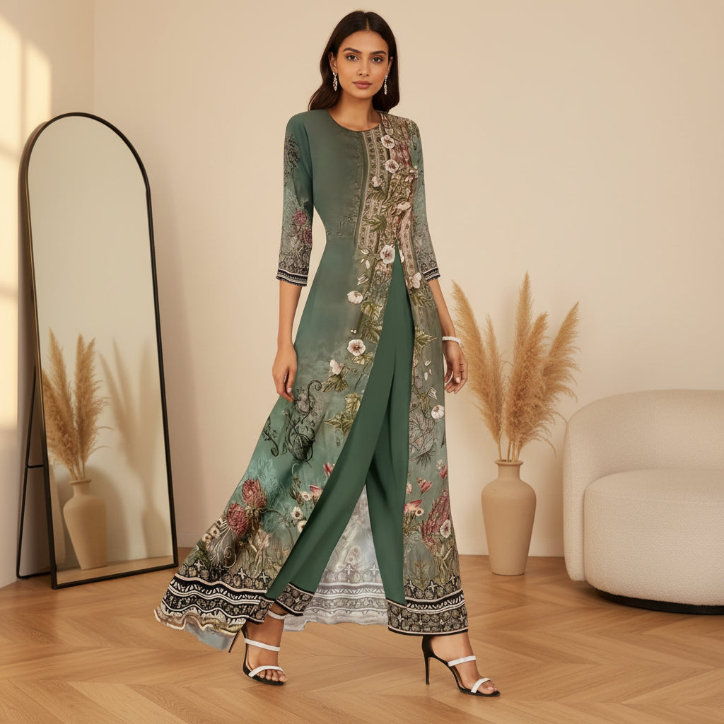 Jade | Dames Bloemenprint Tweedelige Set Lange Top &amp; Wijde Broek — Groen