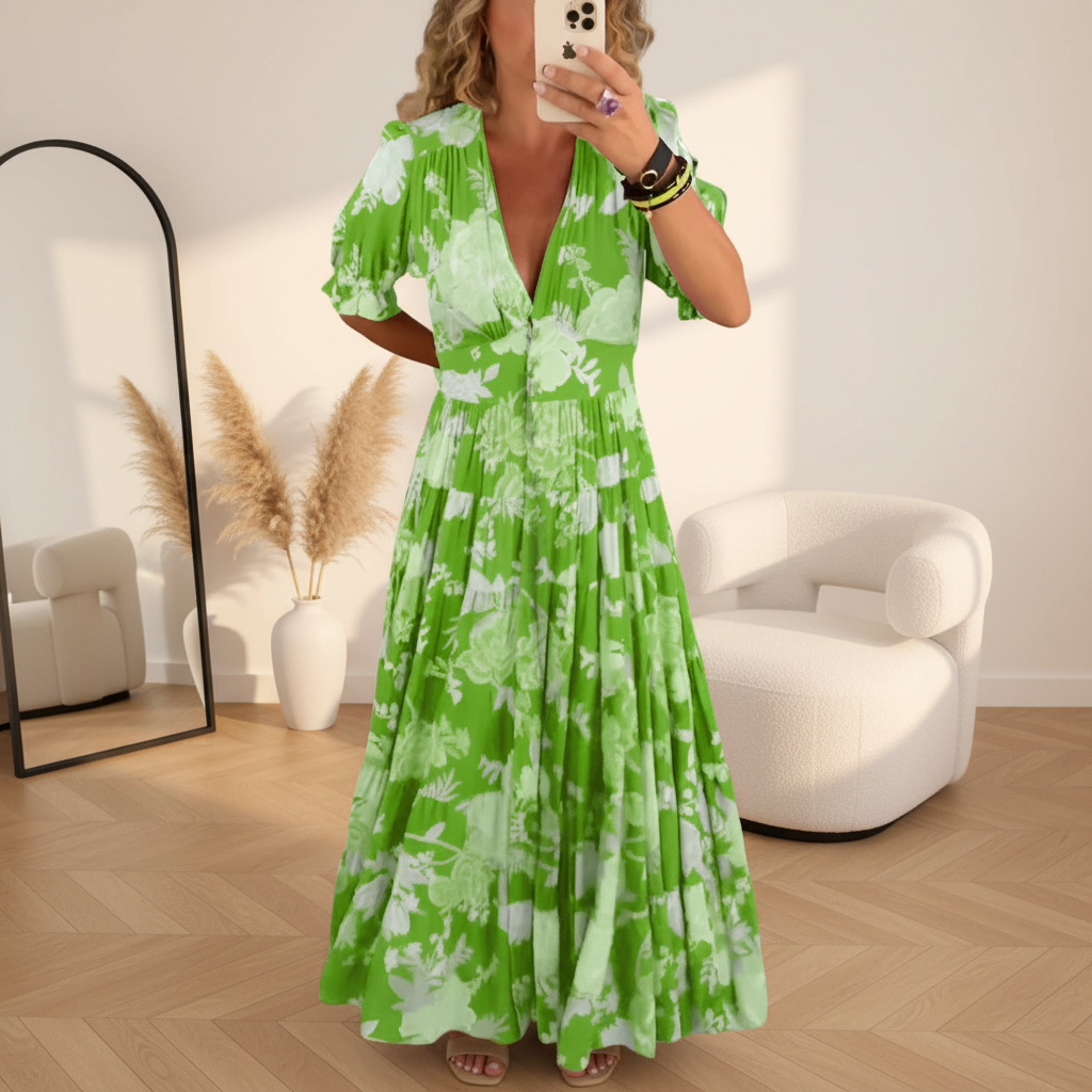 Minelda - Elegante Bloemen V-hals Jurk met Zakken