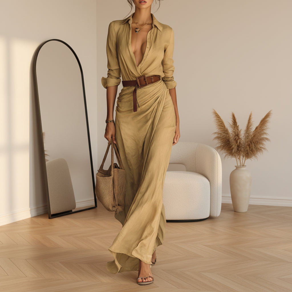 Elegante Maxi Jurk met Ceintuur en Revers voor Dames — Khaki