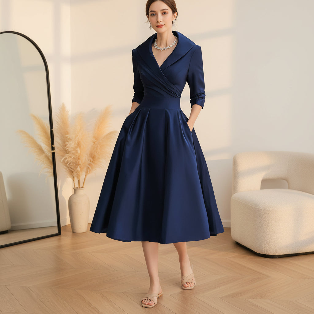 Vintage Satijnen Midi Jurk met Gedrapeerde Kraag — Marineblauw