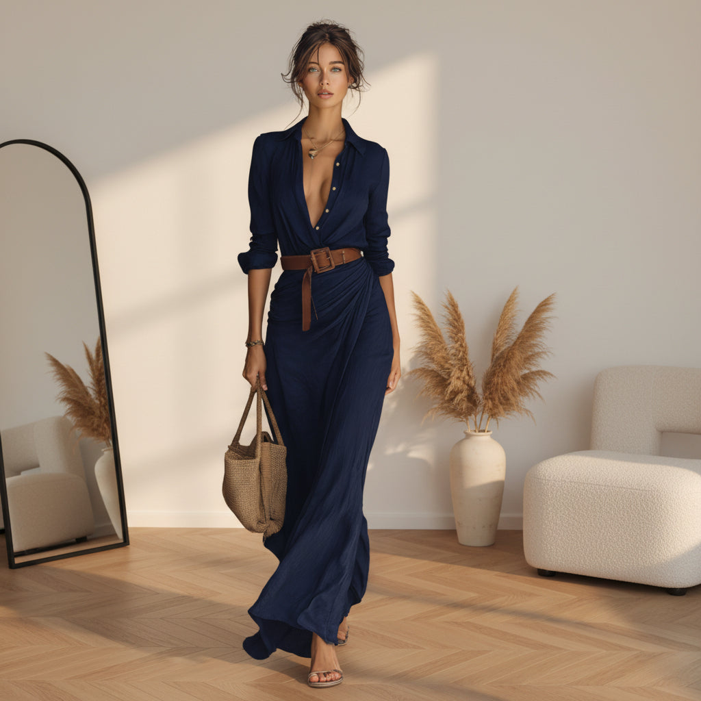 Elegante Maxi Jurk met Ceintuur en Revers voor Dames — Marineblauw