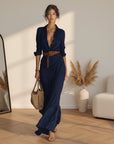 Elegante Maxi Jurk met Ceintuur en Revers voor Dames — Marineblauw