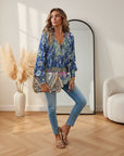 Sienna | Dames Bloemrijke Boho Blouse V-Hals Pofmouw Top — Marineblauw