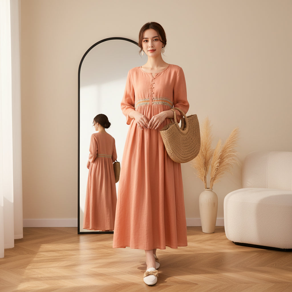 Kathy™ | Geborduurd Midi Jurk met Patroon — Oranje