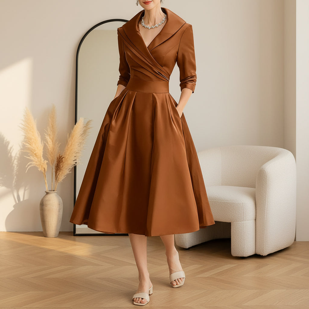 Vintage Satijnen Midi Jurk met Gedrapeerde Kraag — Oranje