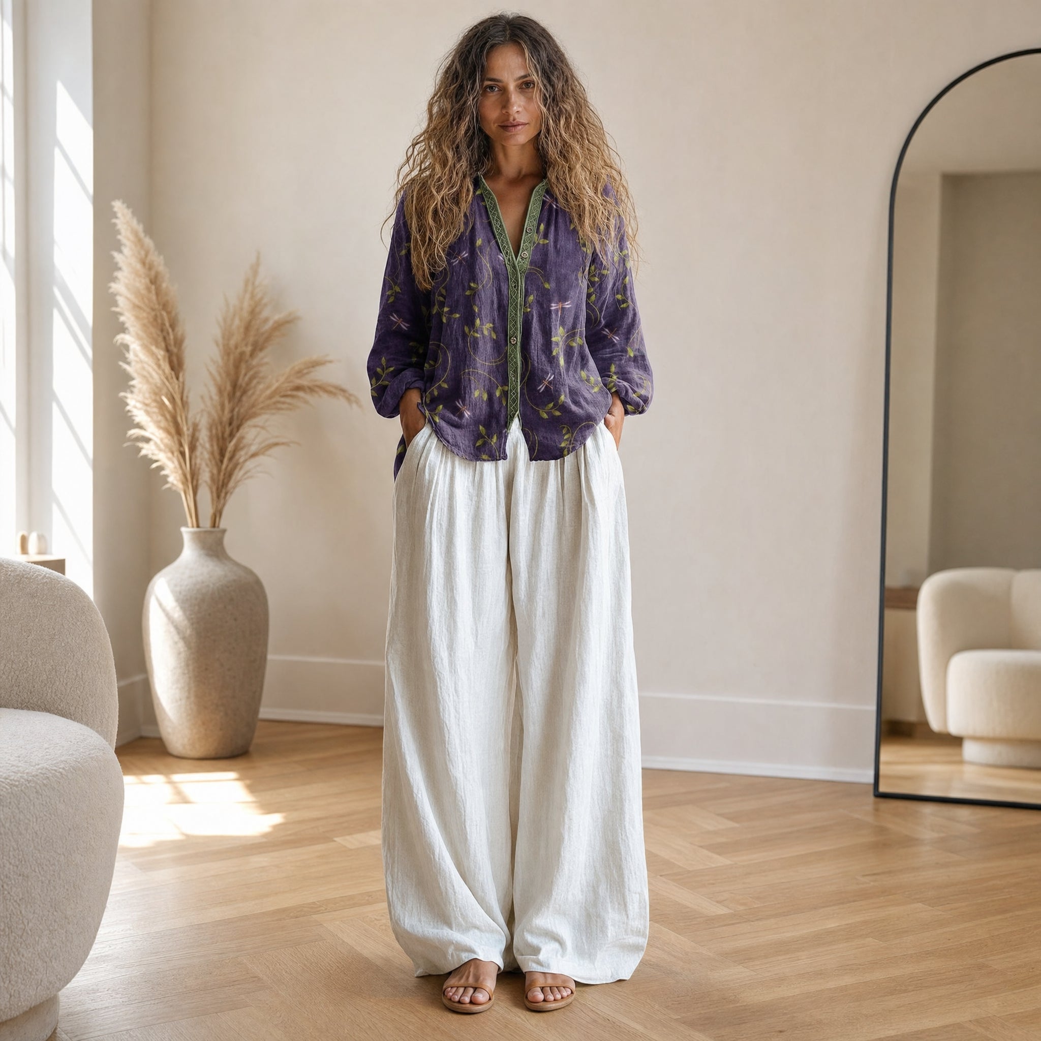 Vintage Blad Blouse - Tijdloze Elegantie met Klassiek Bladmotief — Paars