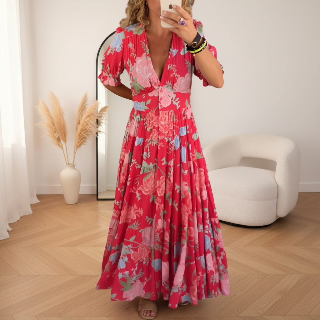 Minelda - Elegante Bloemen V-hals Jurk met Zakken