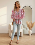 Sienna | Dames Bloemrijke Boho Blouse V-Hals Pofmouw Top — Roze