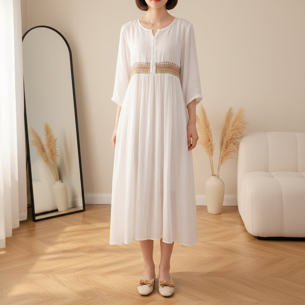 Kathy™ | Geborduurd Midi Jurk met Patroon — Wit