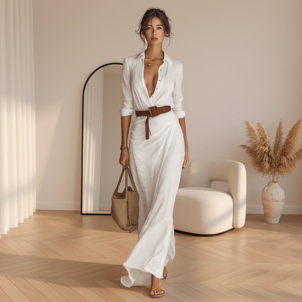 Elegante Maxi Jurk met Ceintuur en Revers voor Dames — Wit