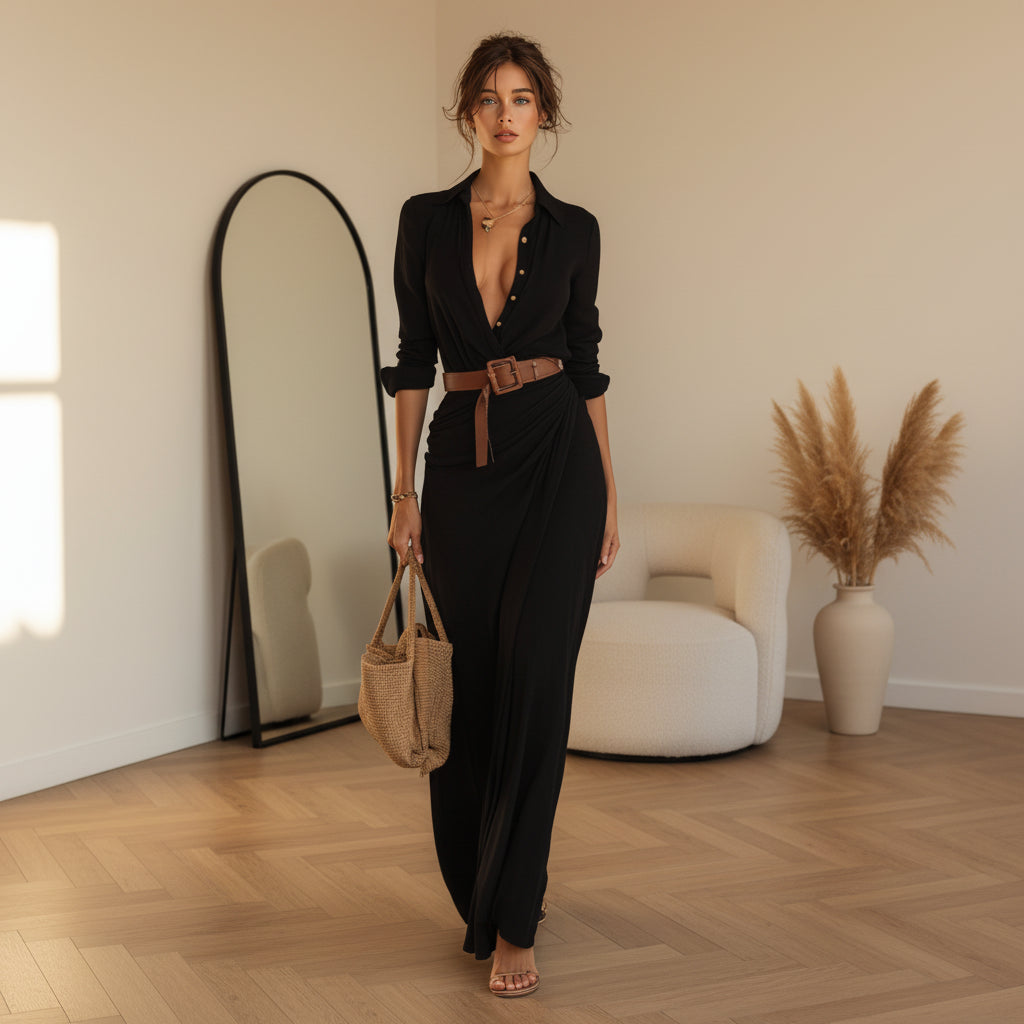 Elegante Maxi Jurk met Ceintuur en Revers voor Dames — Zwart