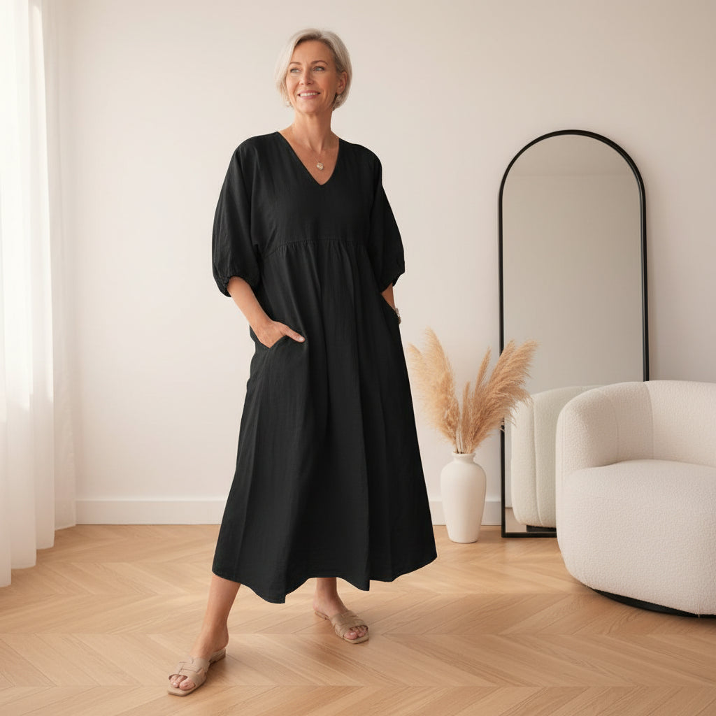 Elegante Maxi Jurk met V-Hals — Zwart