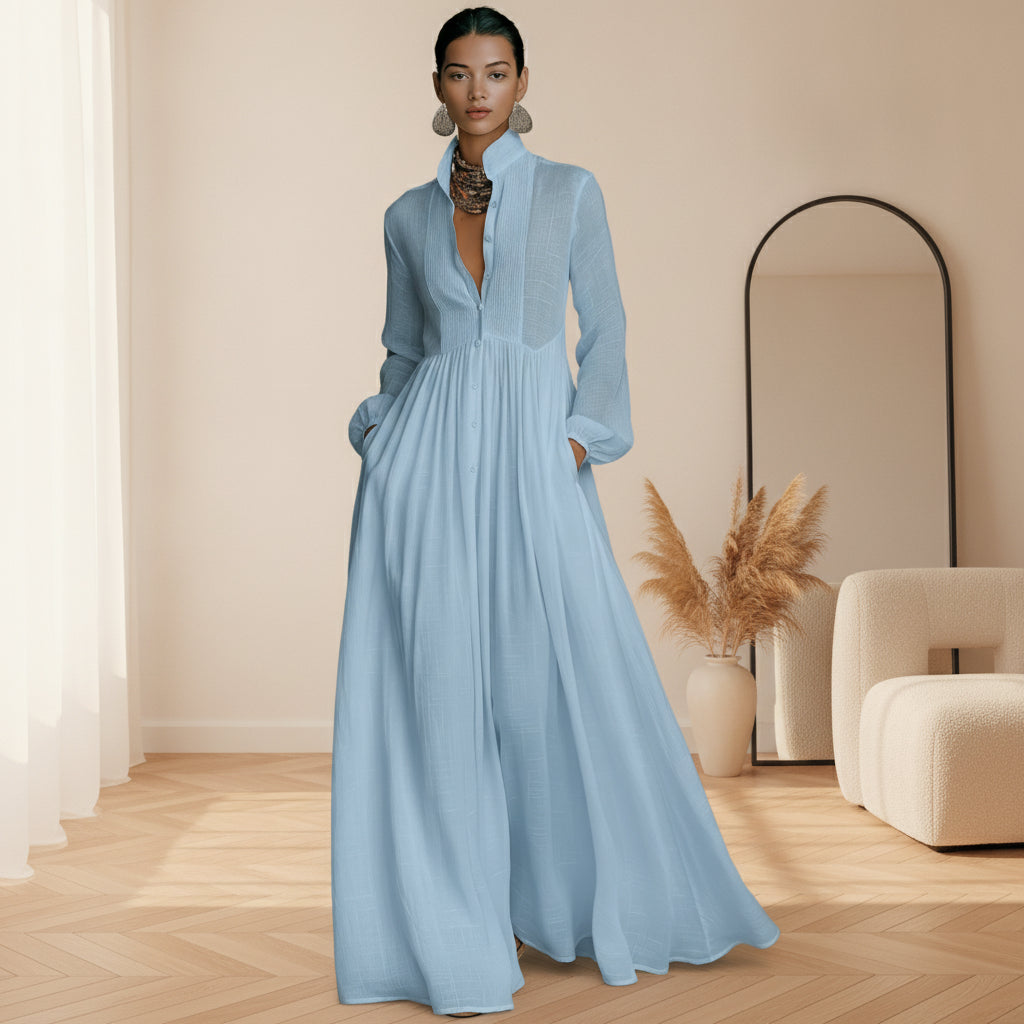 Patchwork Linnen Maxi Jurk met Staande Kraag — Blauw