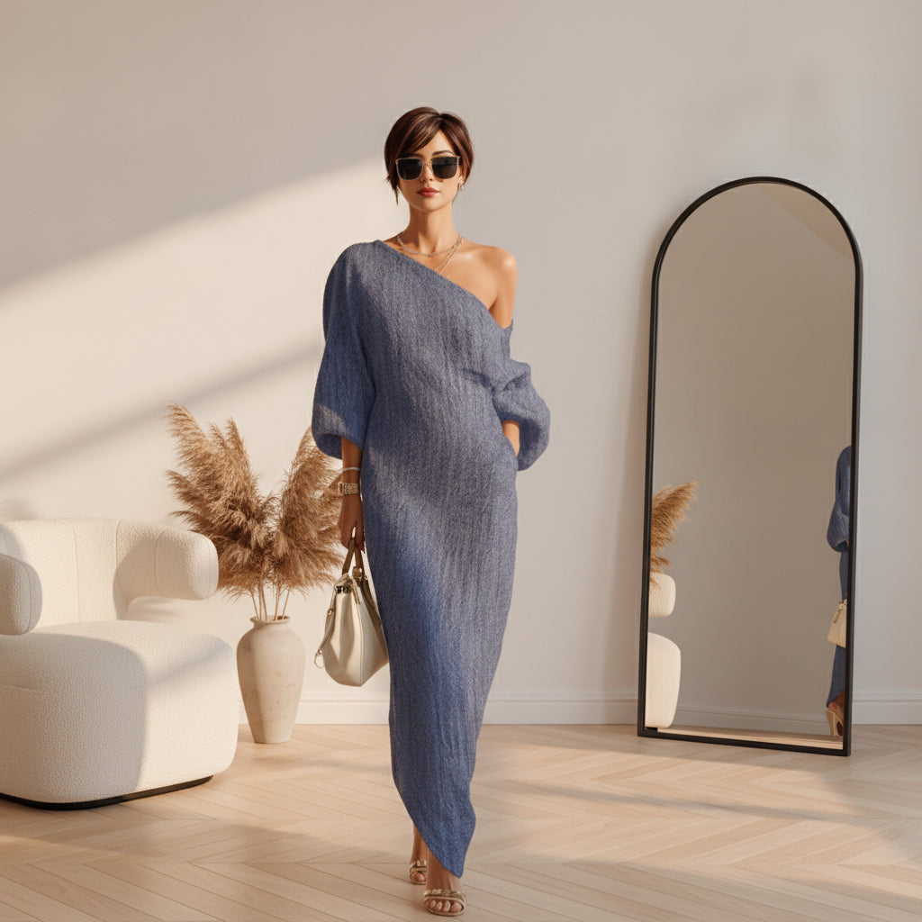 Ivoor Linnen Maxi Jurk Off-Shoulder — Blauw