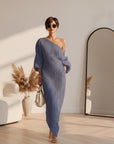 Ivoor Linnen Maxi Jurk Off-Shoulder — Blauw