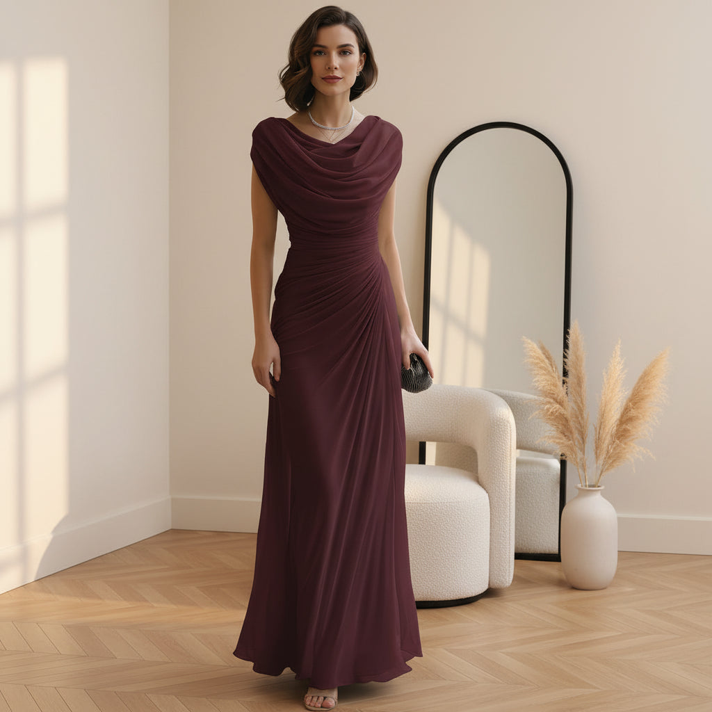 Elegante Maxi Jurk met Drapering — Bordeauxrood