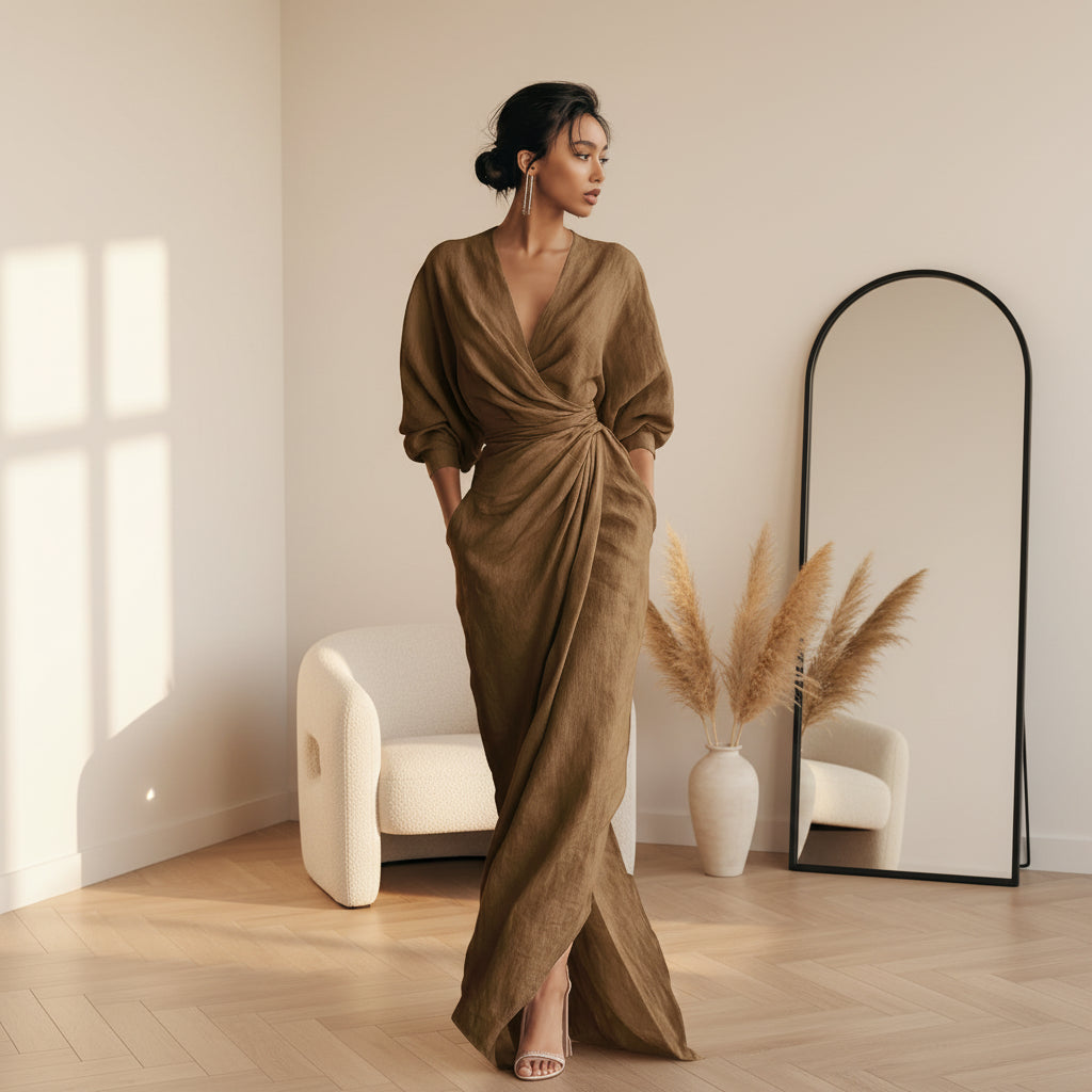 Linnen Maxi Jurk met V-Hals - Elegante Zomerjurk — Bruin