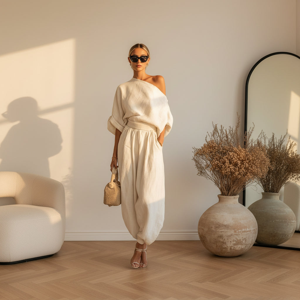 Linnen Set Off-Shoulder Top met Broek — Gebroken Wit