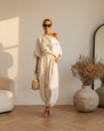 Linnen Set Off-Shoulder Top met Broek — Gebroken Wit