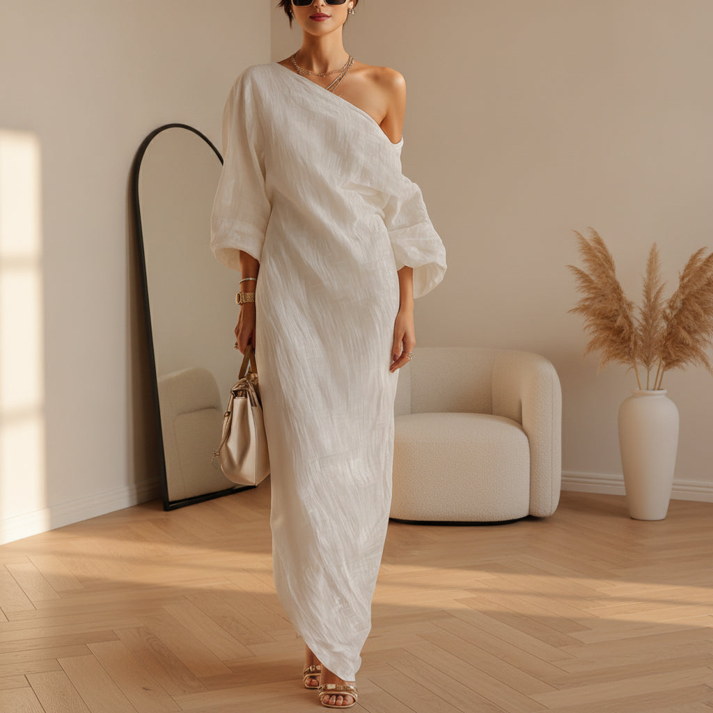 Ivoor Linnen Maxi Jurk Off-Shoulder — Ivoor