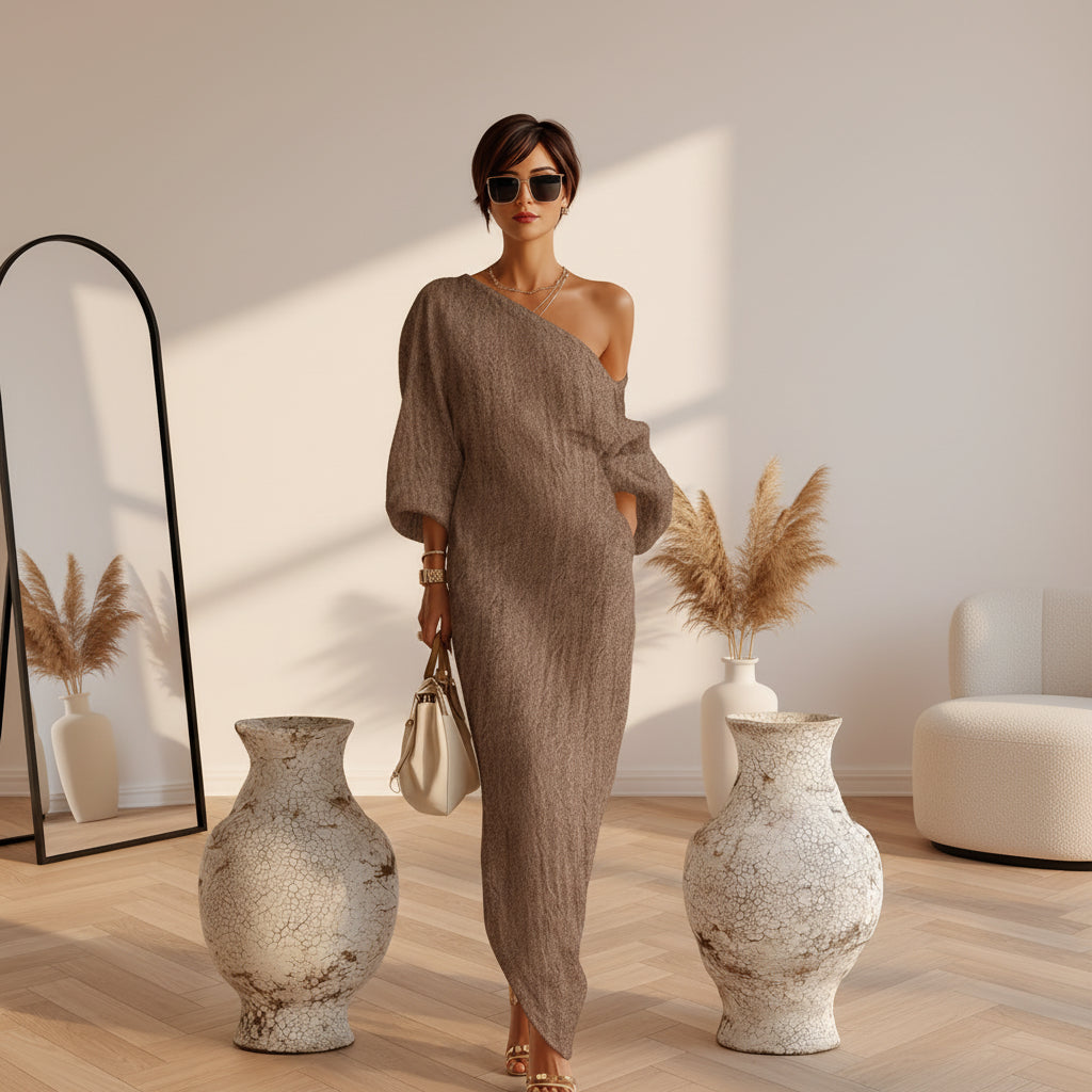 Ivoor Linnen Maxi Jurk Off-Shoulder — Khaki