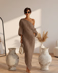 Ivoor Linnen Maxi Jurk Off-Shoulder — Khaki