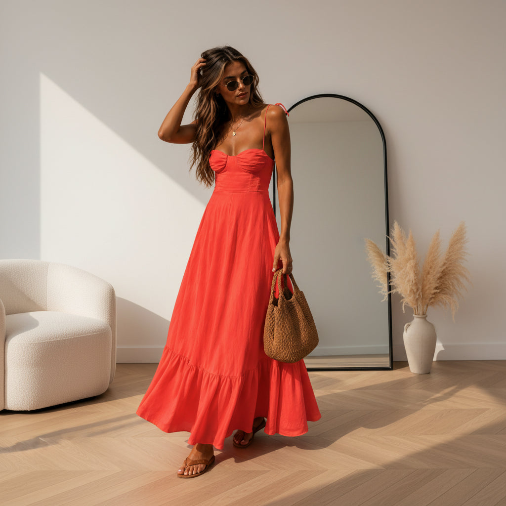 Katoenen Maxi Jurk Hedy met Ingebouwd Corsage - Perfecte Pasvorm — Koralle