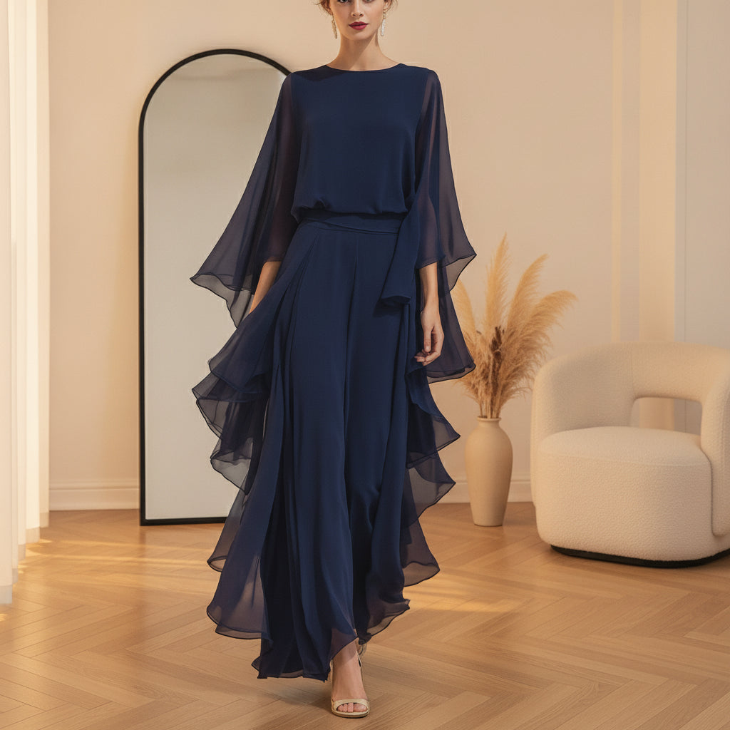 Elegant Chiffon Tweedelig Set met Ruches - Marineblauw — Marineblauw