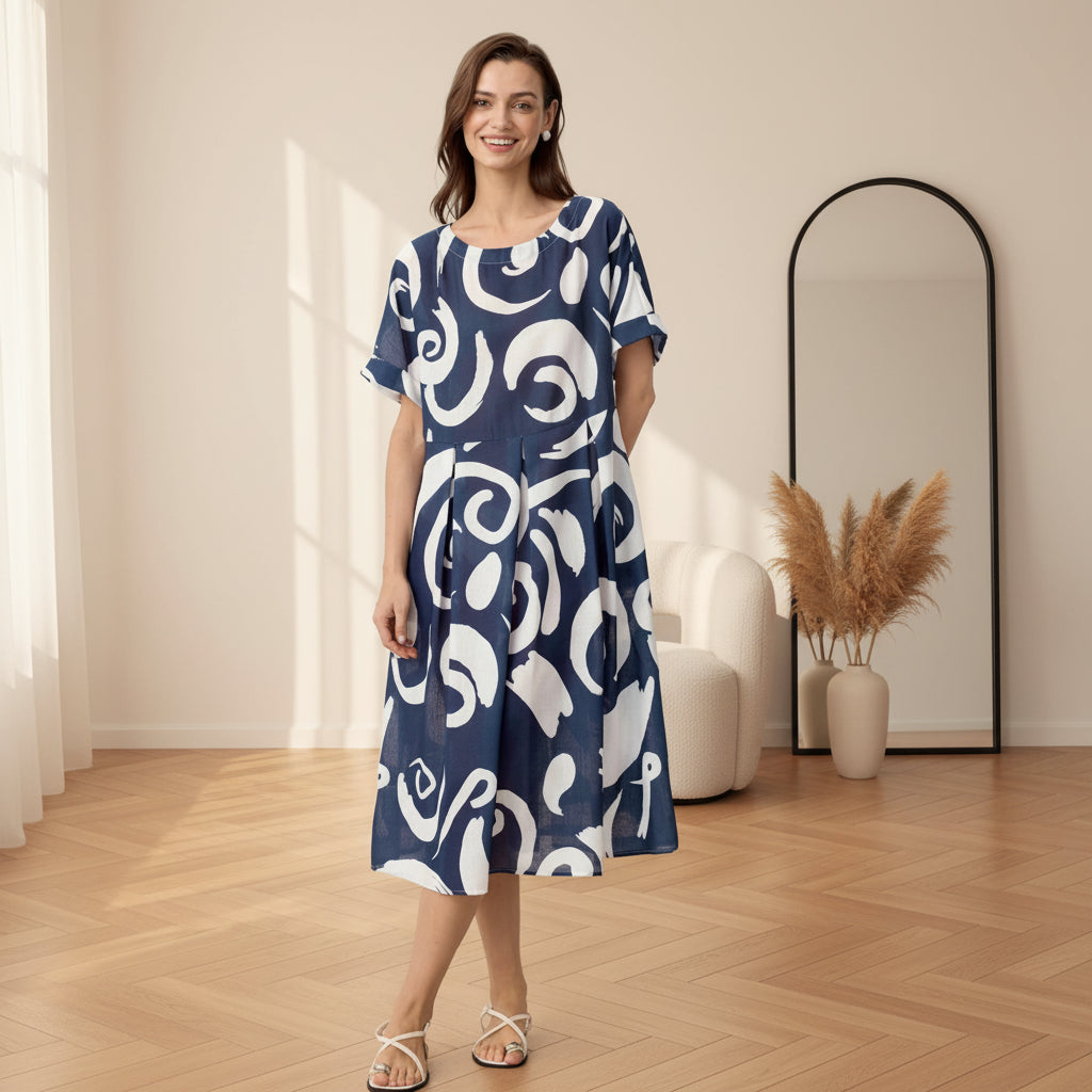 Linnen Midi Jurk met Abstract Print en Geplooide Taille — Marineblauw Abstract
