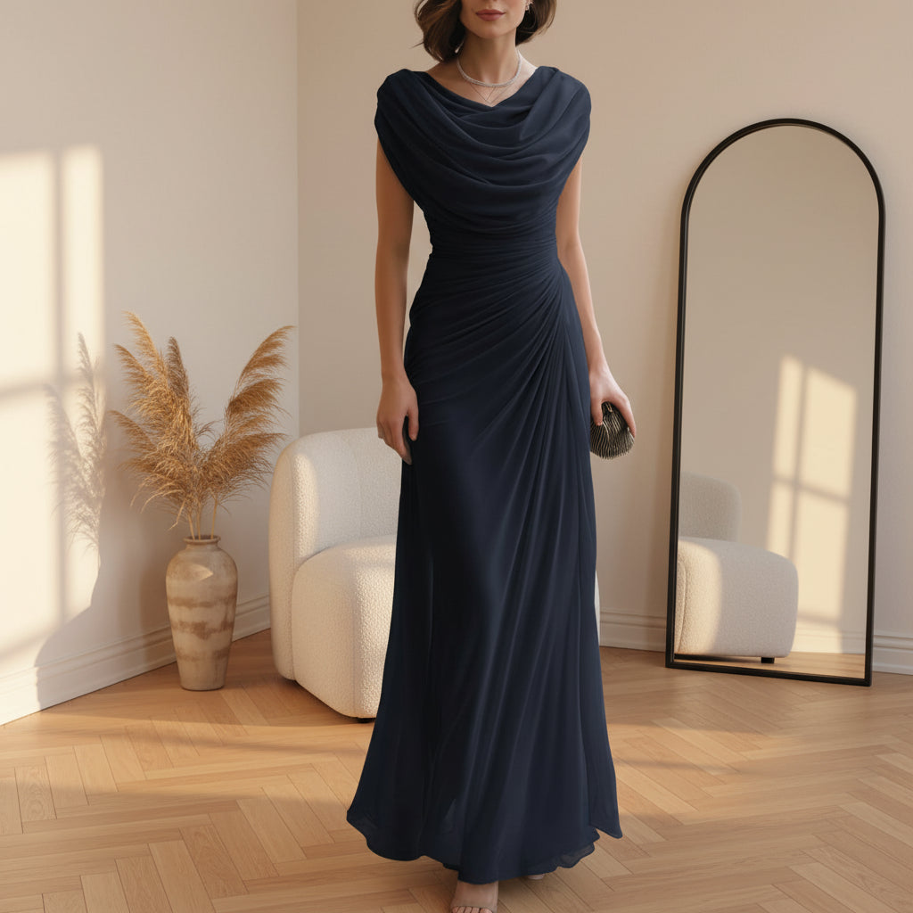 Elegante Maxi Jurk met Drapering — Marineblauw