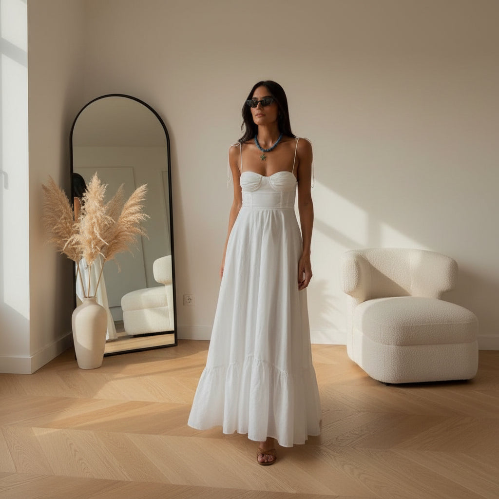 Katoenen Maxi Jurk Hedy met Ingebouwd Corsage - Perfecte Pasvorm — Off White