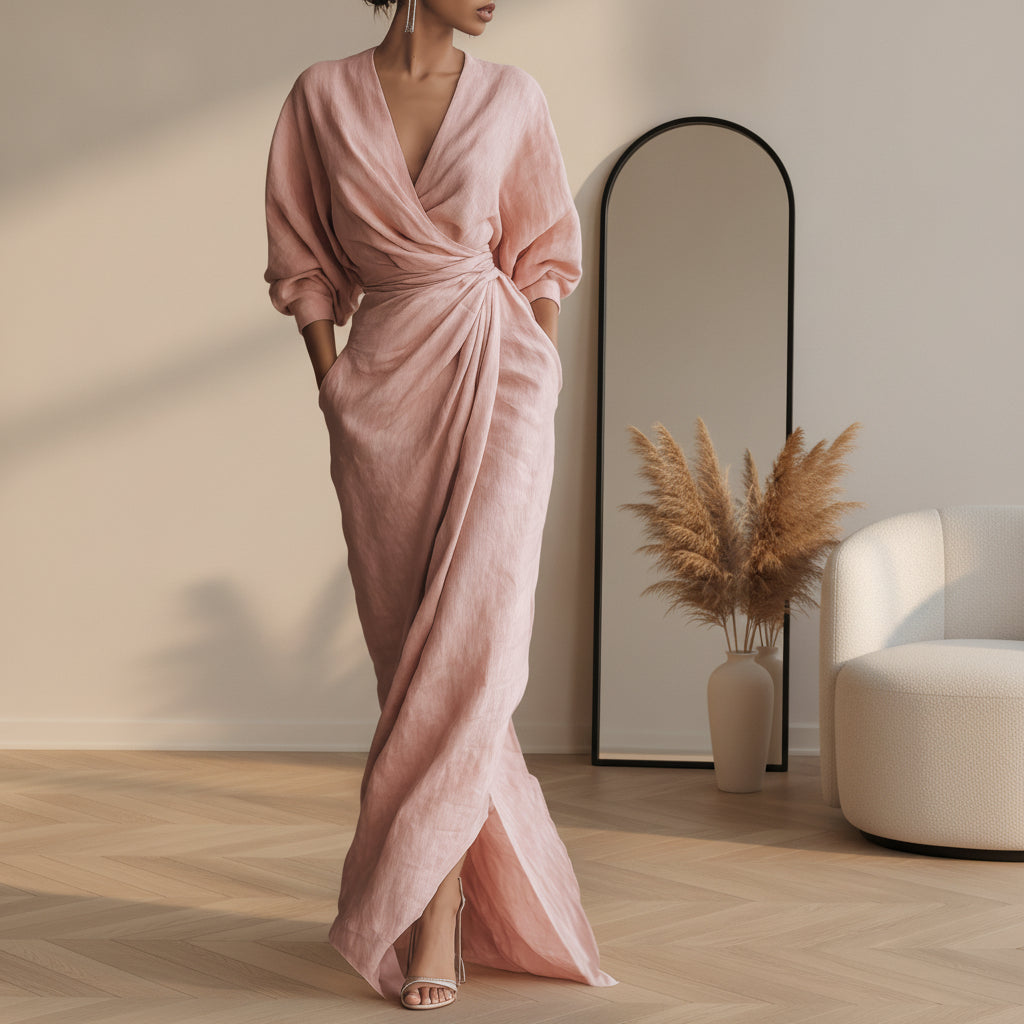 Linnen Maxi Jurk met V-Hals - Elegante Zomerjurk — Roze
