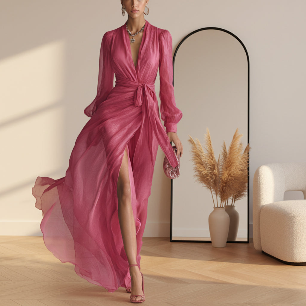 Roze Chiffon Jurk met V-Hals en Parelbezetting — Roze