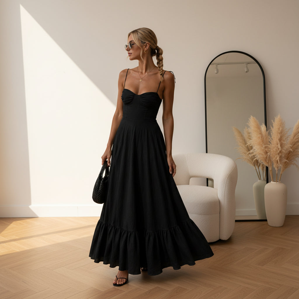Katoenen Maxi Jurk Hedy met Ingebouwd Corsage - Perfecte Pasvorm — Schwarz