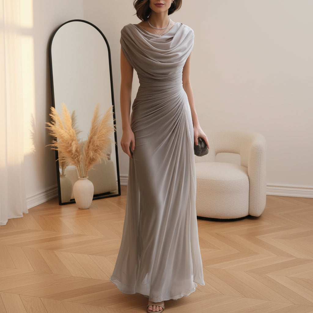 Elegante Maxi Jurk met Drapering — Taupe