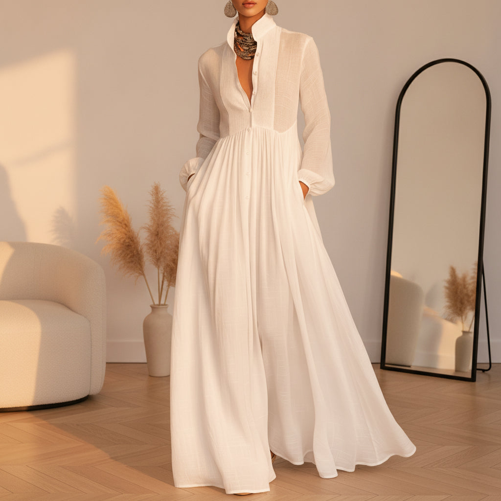 Patchwork Linnen Maxi Jurk met Staande Kraag — Wit