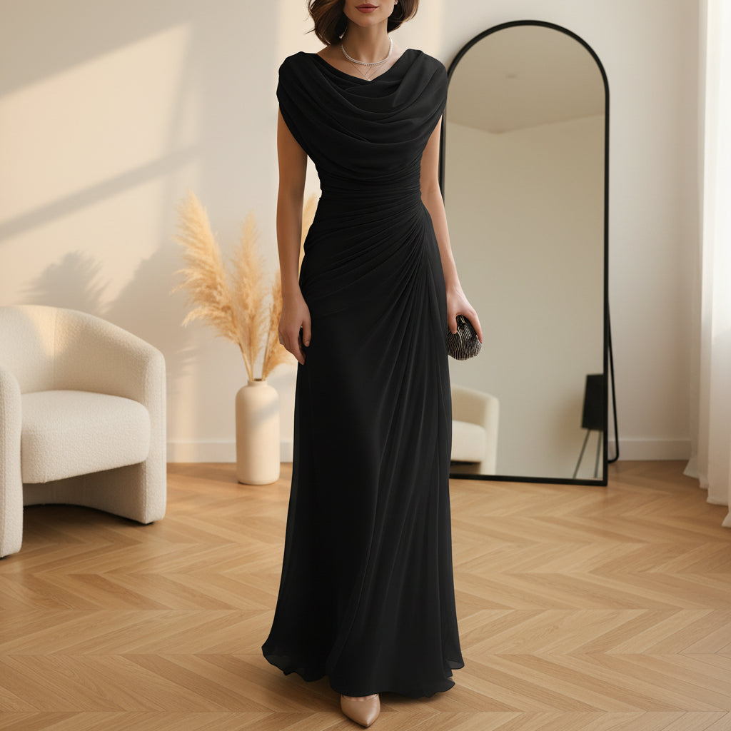 Elegante Maxi Jurk met Drapering — Zwart
