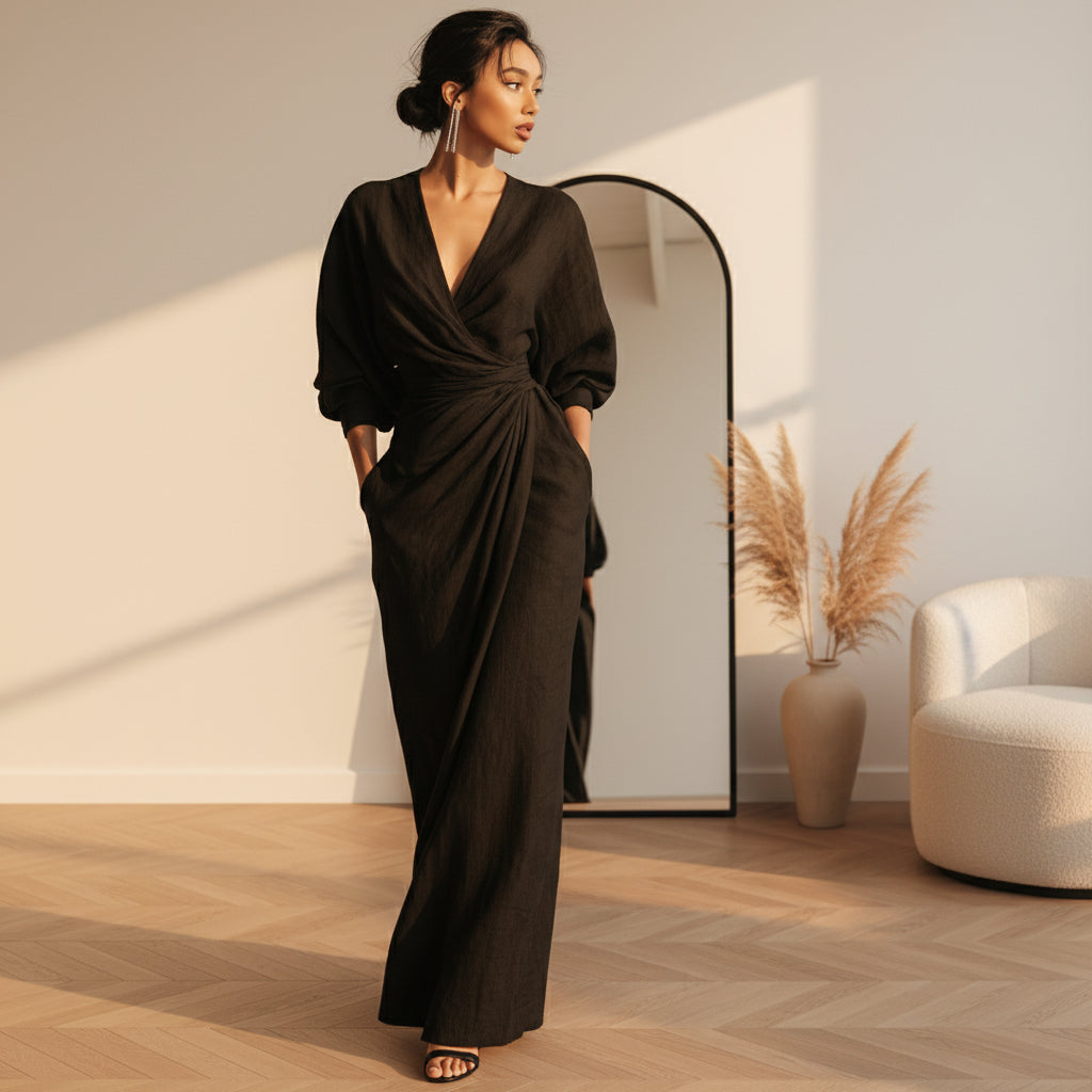 Linnen Maxi Jurk met V-Hals - Elegante Zomerjurk — Zwart