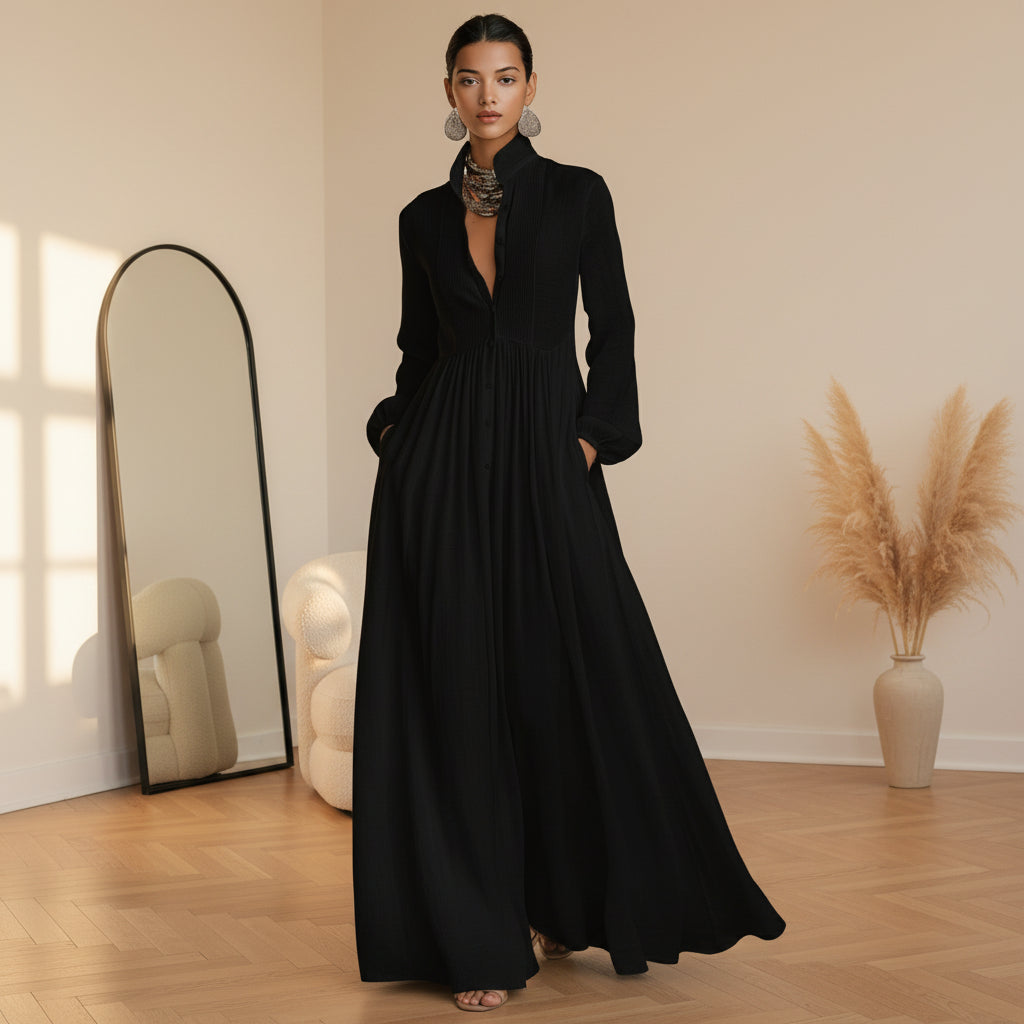 Patchwork Linnen Maxi Jurk met Staande Kraag — Zwart