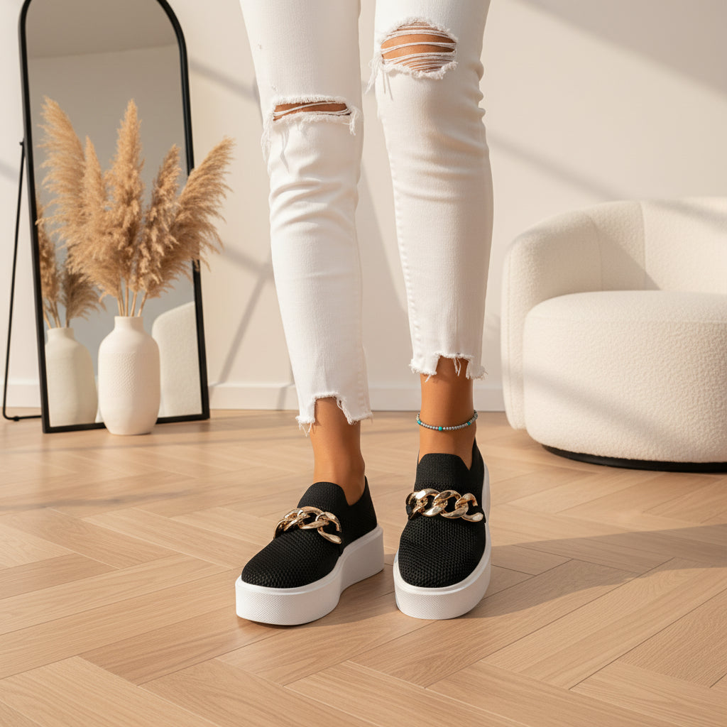 Maria - Elegante Schoenen met Decoratieve Metalen Ketting — Zwart