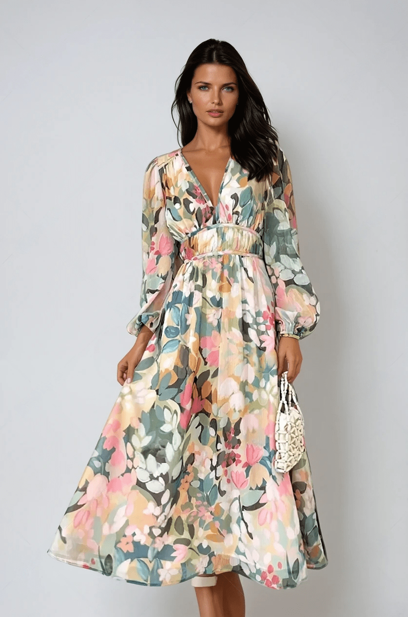 Eloise | Dames Bloemenprint V-Hals Midi Jurk met Lange Mouwen